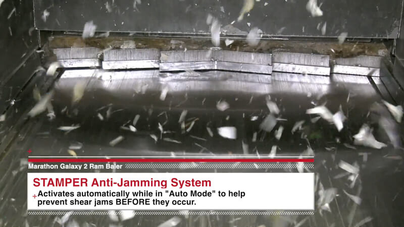 Two ram recycling baler anti-jamming baler stamper video