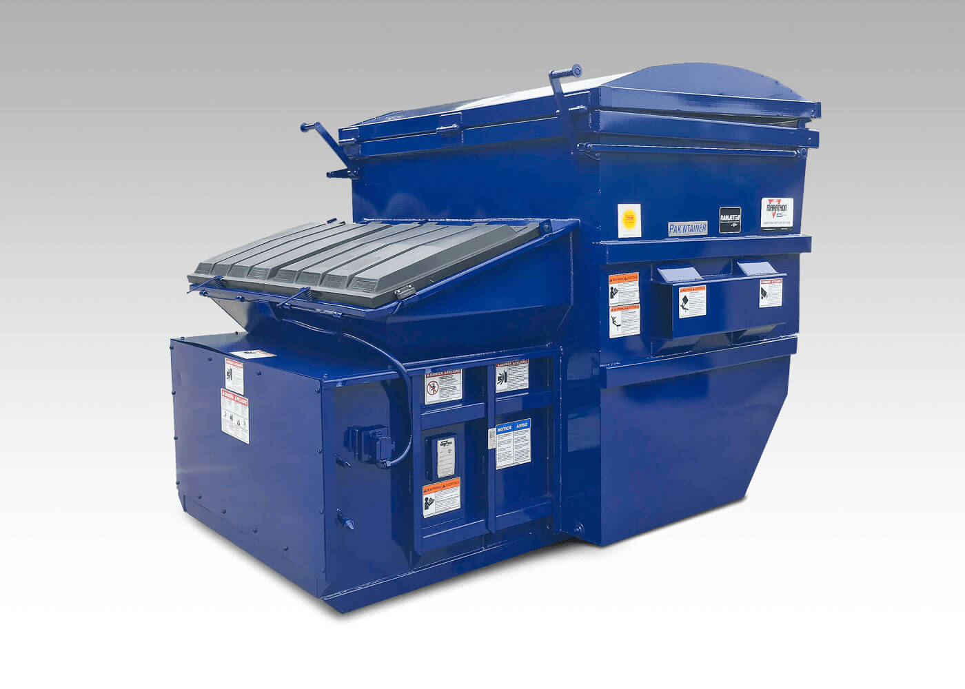 Self contained trash compactor for use with front load or rear load garbage trucks